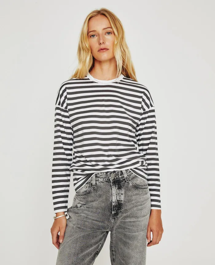 AG Jeans Tees and Tanks Women Fay LS Crew TRUE WHITEFOLKESTONE GREY