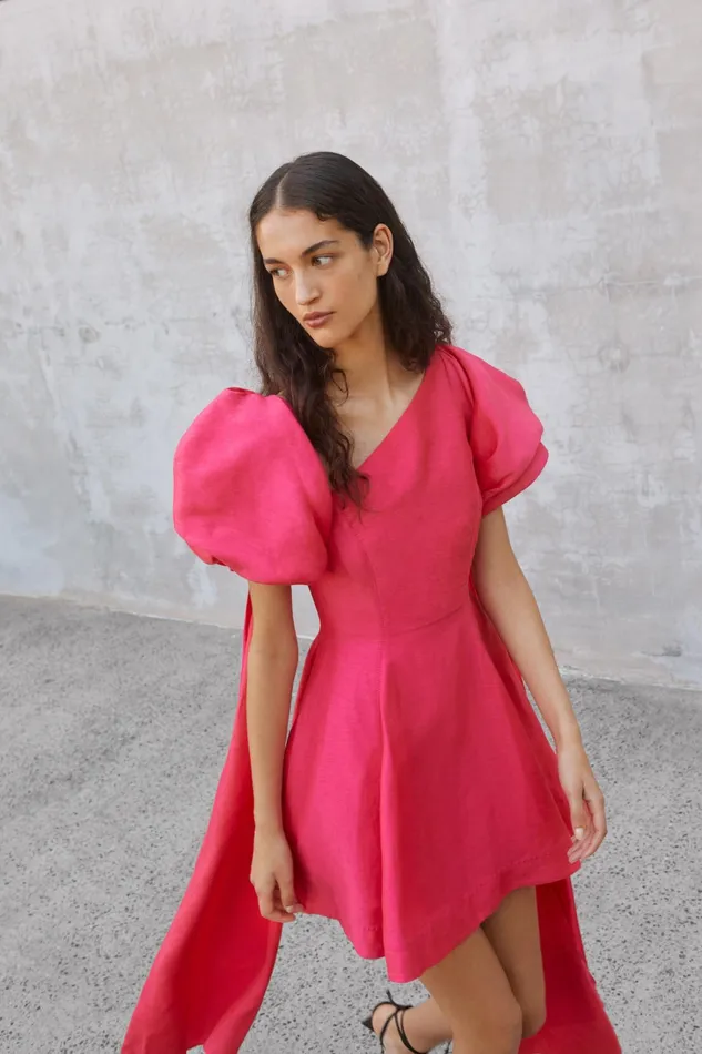 Aje Arista Tulip Sleeve Mini Dress Bougainvillea Red Women Dresses