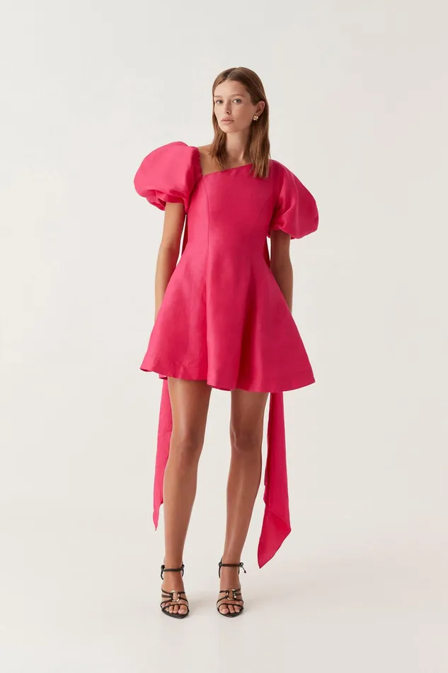 Aje Arista Tulip Sleeve Mini Dress Bougainvillea Red Women Dresses