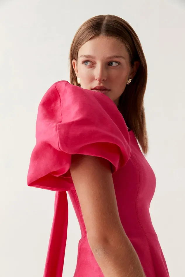 Aje Arista Tulip Sleeve Mini Dress Bougainvillea Red Women Dresses