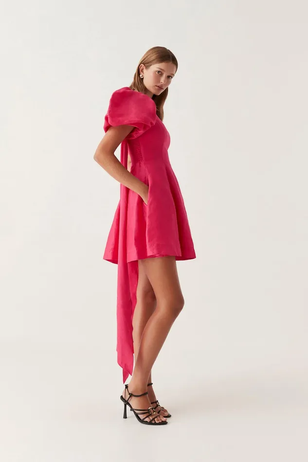Aje Arista Tulip Sleeve Mini Dress Bougainvillea Red Women Dresses
