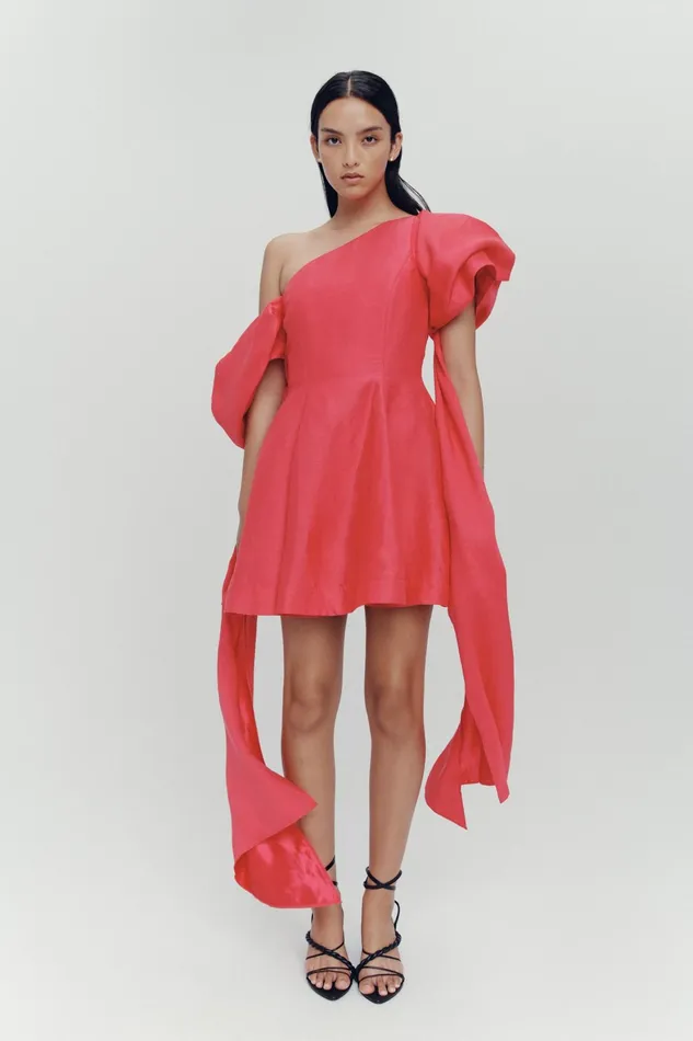 Aje Arista Tulip Sleeve Mini Dress Bougainvillea Red Women Dresses