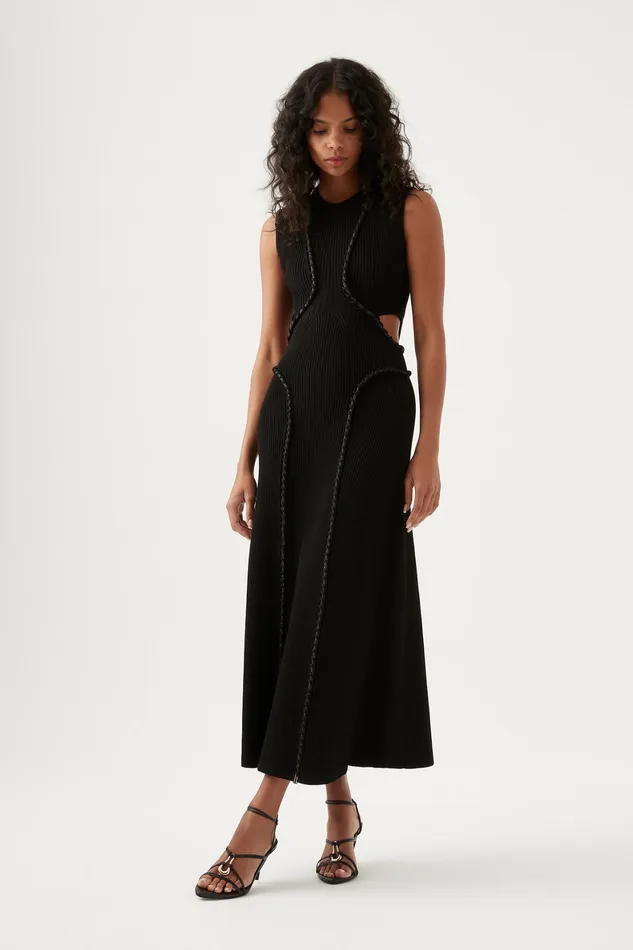 Aje Arp Cut Out Knit Midi Dress Black Women Body and Crepe Knit