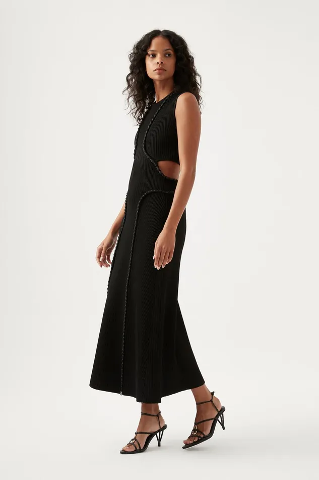 Aje Arp Cut Out Knit Midi Dress Black Women Body and Crepe Knit