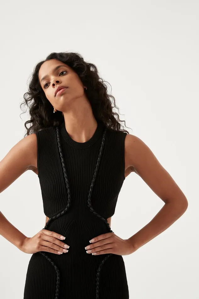 Aje Arp Cut Out Knit Midi Dress Black Women Body and Crepe Knit