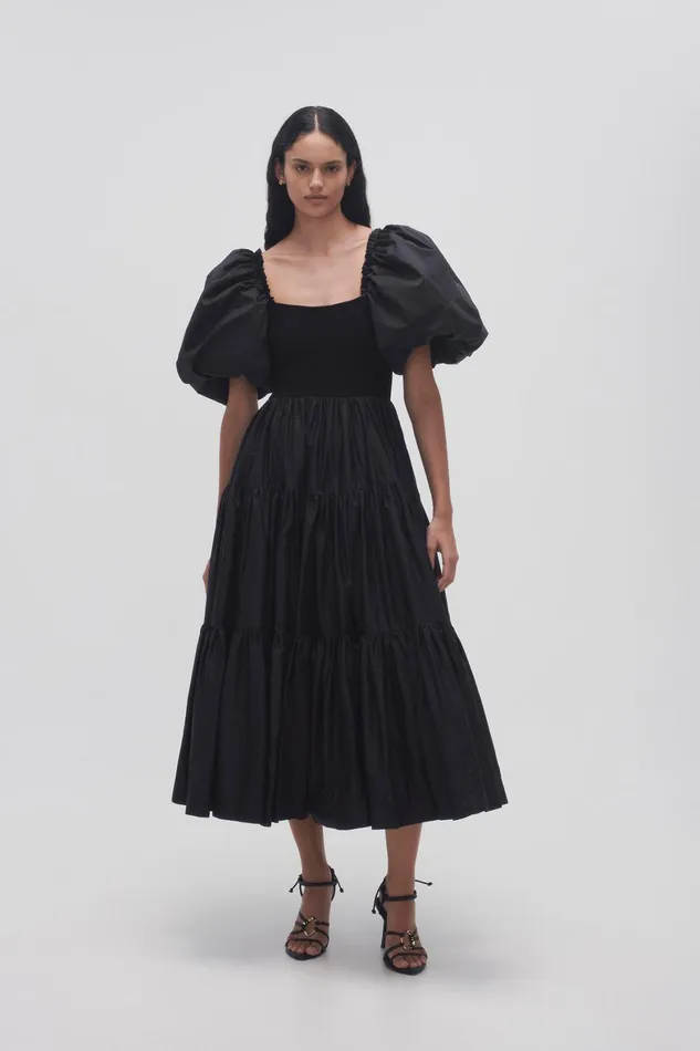 Aje Casa Puff Sleeve Midi Dress Black Women Dresses