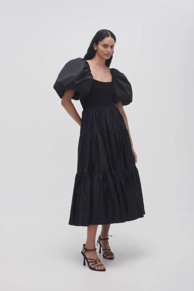 Aje Casa Puff Sleeve Midi Dress Black Women Dresses