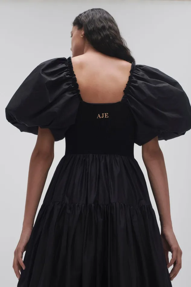 Aje Casa Puff Sleeve Midi Dress Black Women Dresses