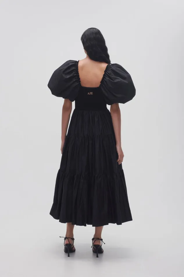 Aje Casa Puff Sleeve Midi Dress Black Women Dresses