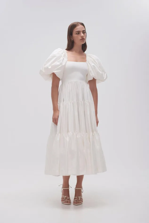 Aje Casa Puff Sleeve Midi Dress Ivory Women Dresses