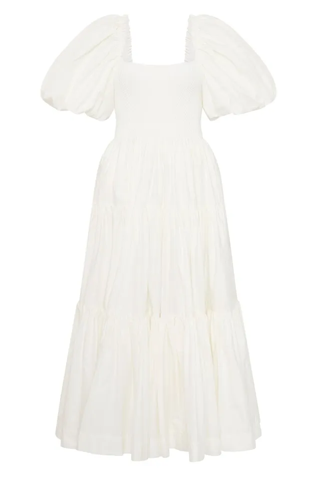Aje Casa Puff Sleeve Midi Dress Ivory Women Dresses