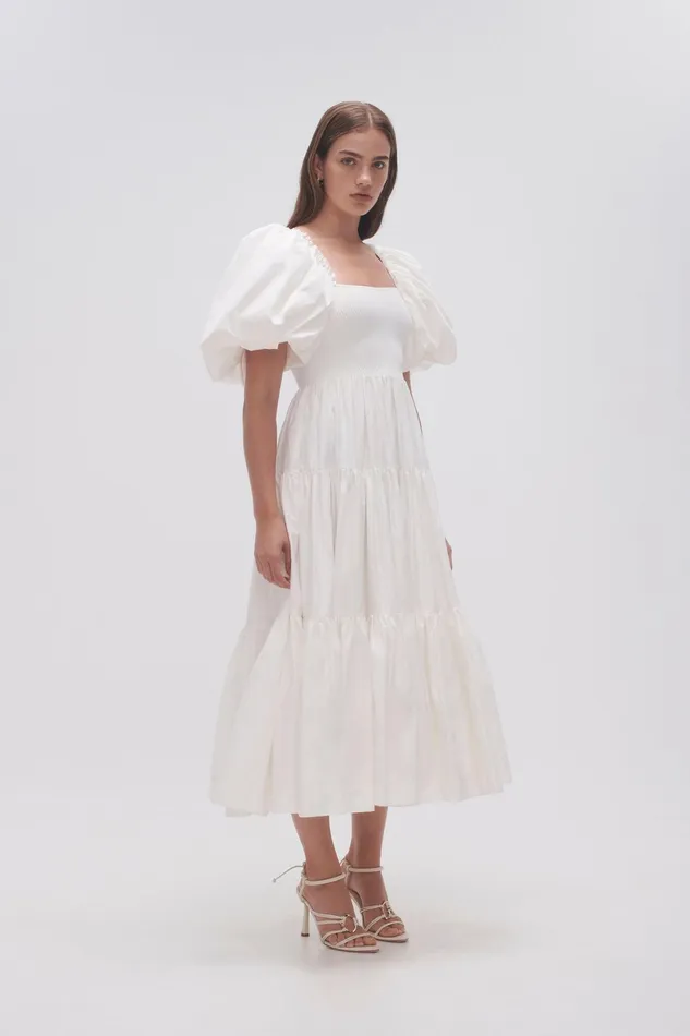 Aje Casa Puff Sleeve Midi Dress Ivory Women Dresses