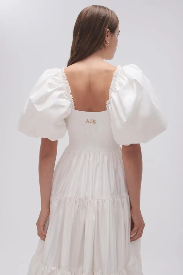 Aje Casa Puff Sleeve Midi Dress Ivory Women Dresses