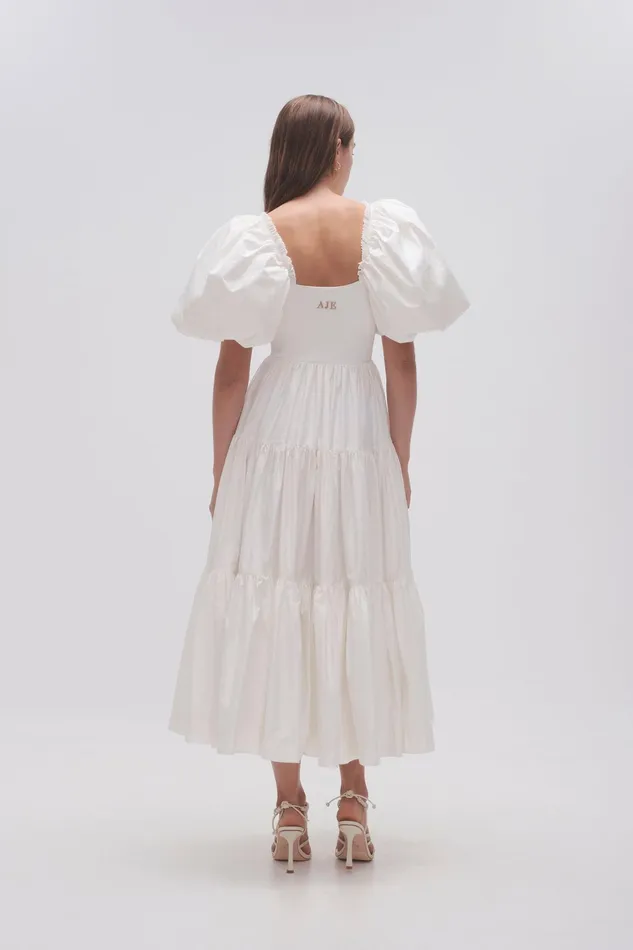 Aje Casa Puff Sleeve Midi Dress Ivory Women Dresses