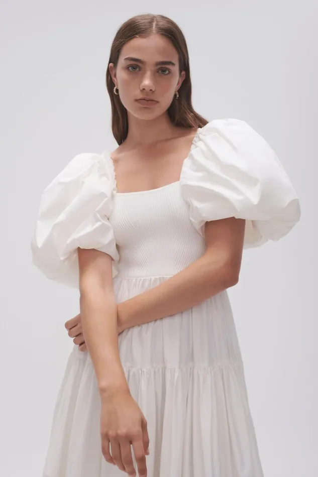 Aje Casa Puff Sleeve Midi Dress Ivory Women Dresses