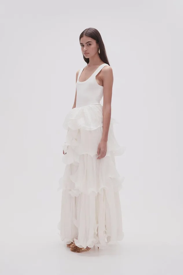 Aje Cosmos Tiered Maxi Skirt Ivory Women Skirts