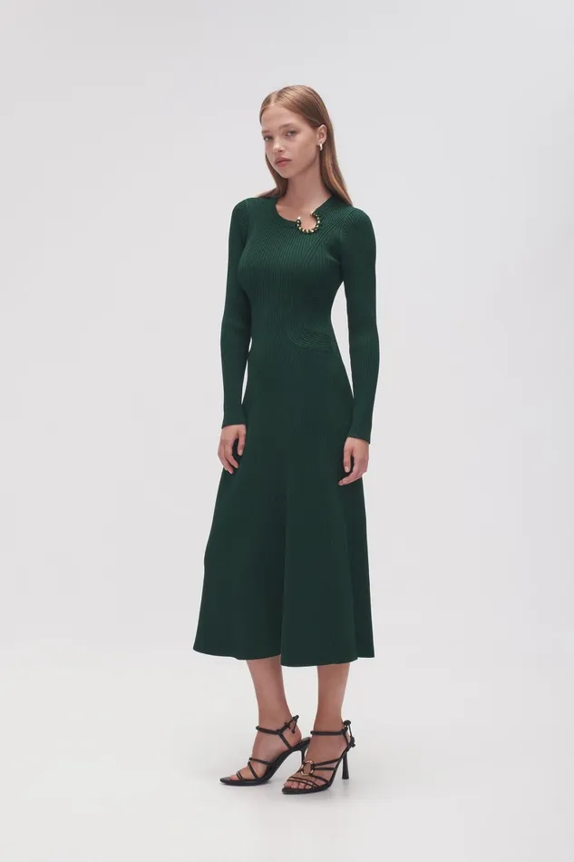 Aje Crescent Knit Midi Dress Forest Green Women Dresses