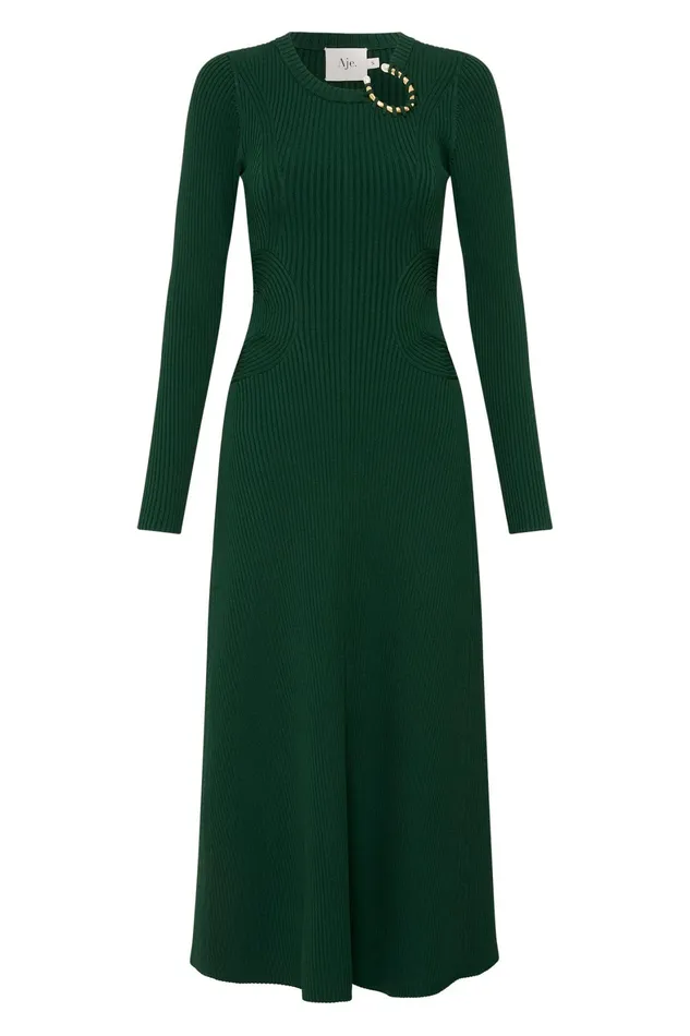 Aje Crescent Knit Midi Dress Forest Green Women Dresses
