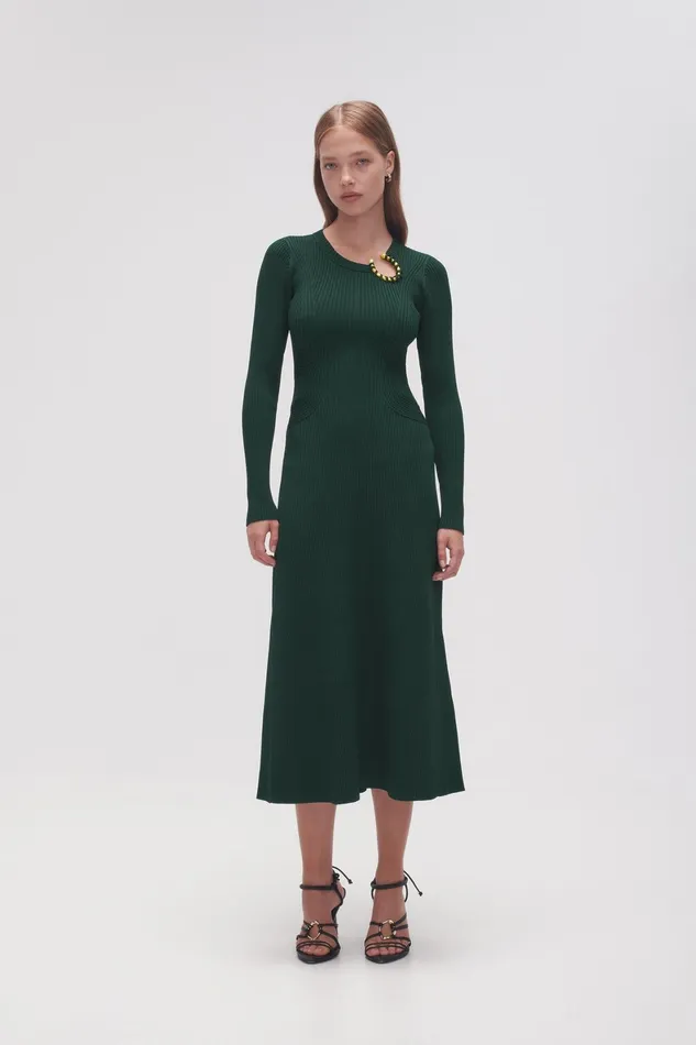 Aje Crescent Knit Midi Dress Forest Green Women Dresses