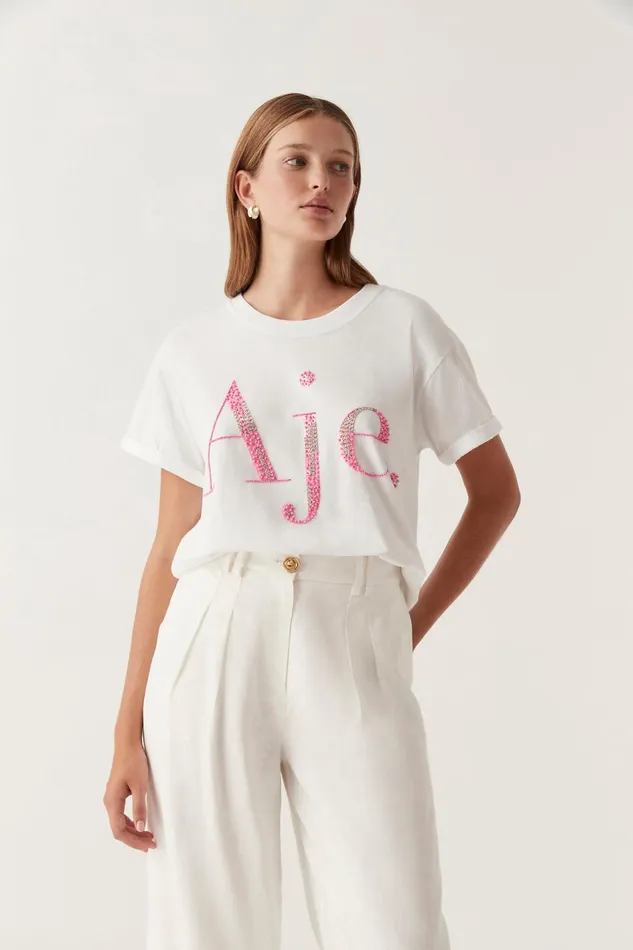 Aje Doris Embellished Logo Tee Whitecerise Pink Women Tees