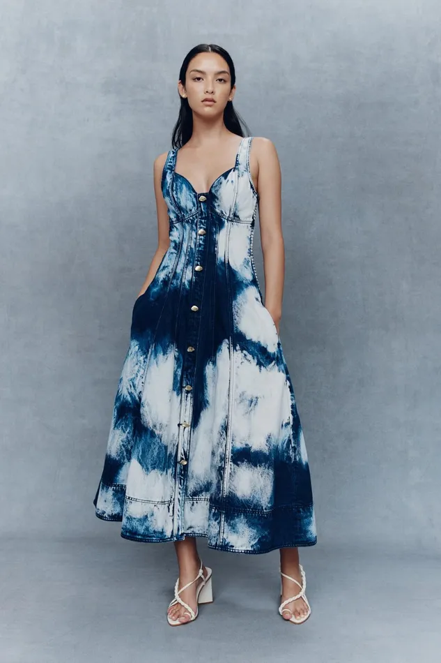 Aje Enigma Denim Midi Dress Tie Dye Indigo Women Dresses