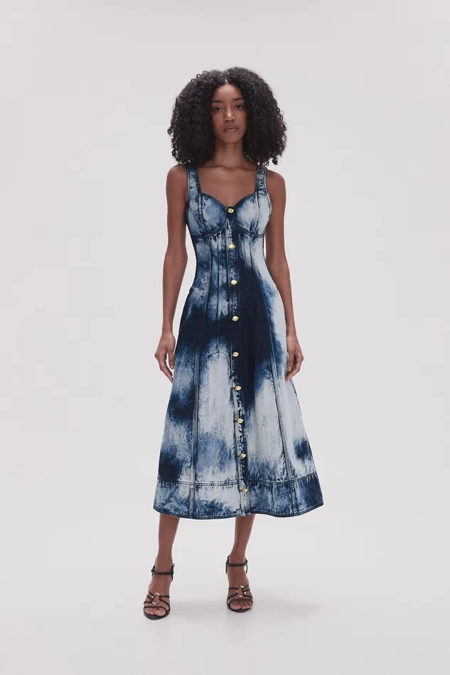 Aje Enigma Denim Midi Dress Tie Dye Indigo Women Dresses