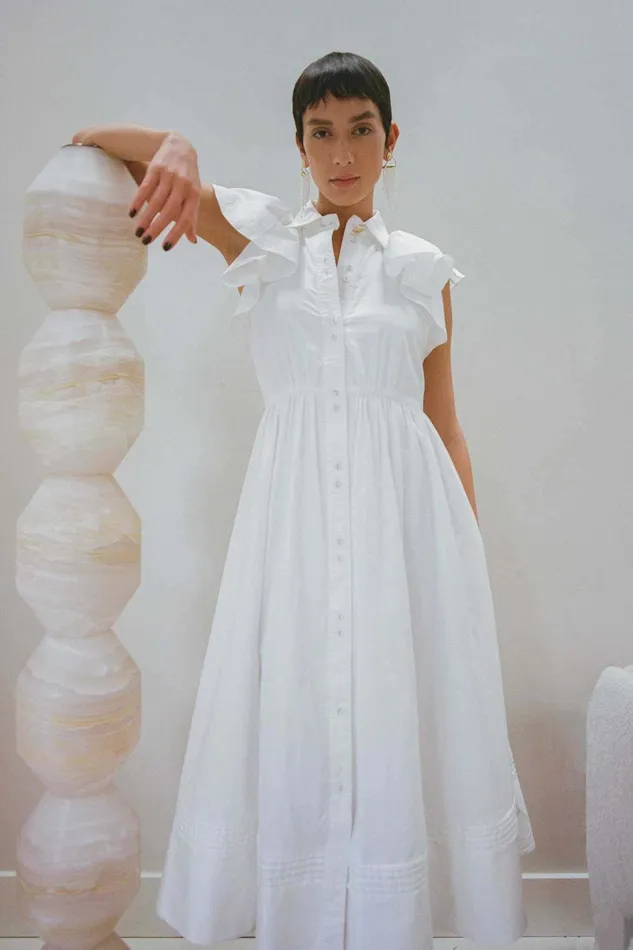 Aje Kindred Frill Midi Dress Ivory Women Dresses