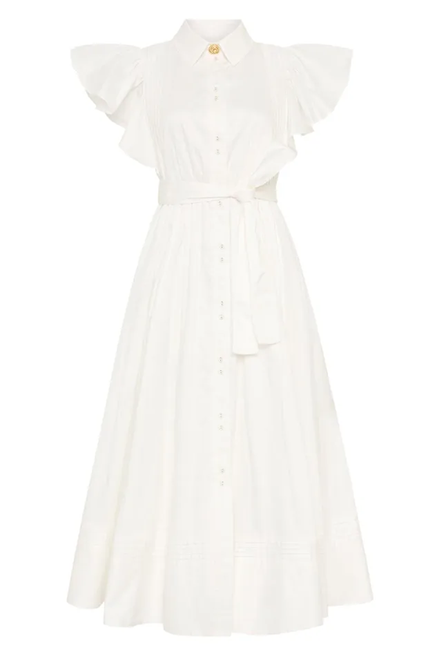 Aje Kindred Frill Midi Dress Ivory Women Dresses