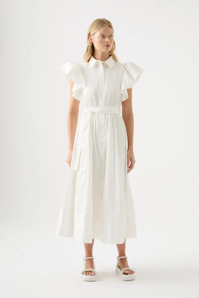 Aje Kindred Frill Midi Dress Ivory Women Dresses