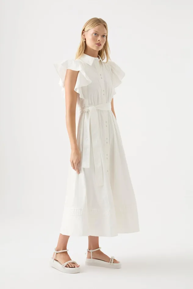 Aje Kindred Frill Midi Dress Ivory Women Dresses