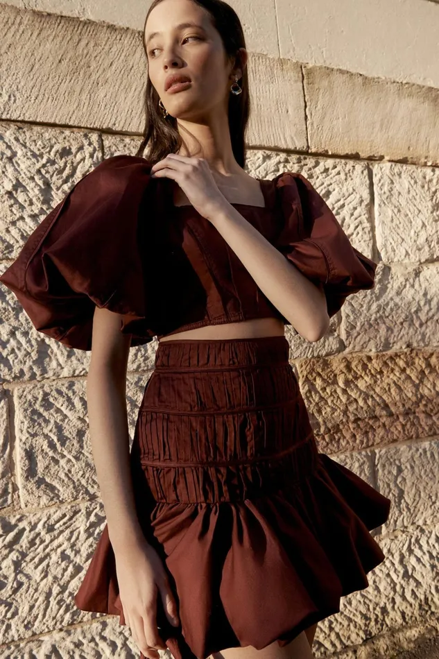Aje La Vie Bubble Mini Skirt Chestnut Red Women Skirts