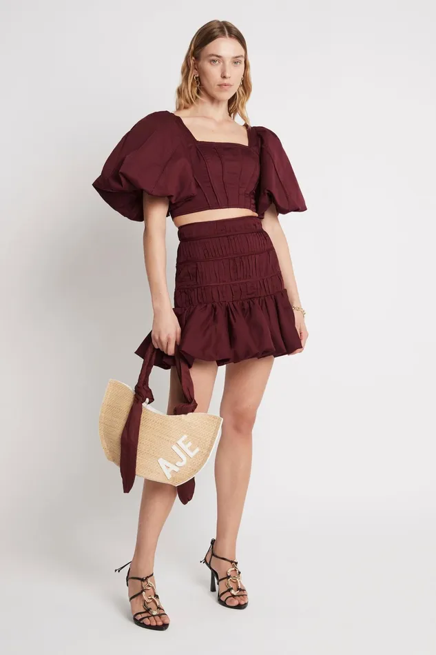 Aje La Vie Bubble Mini Skirt Chestnut Red Women Skirts