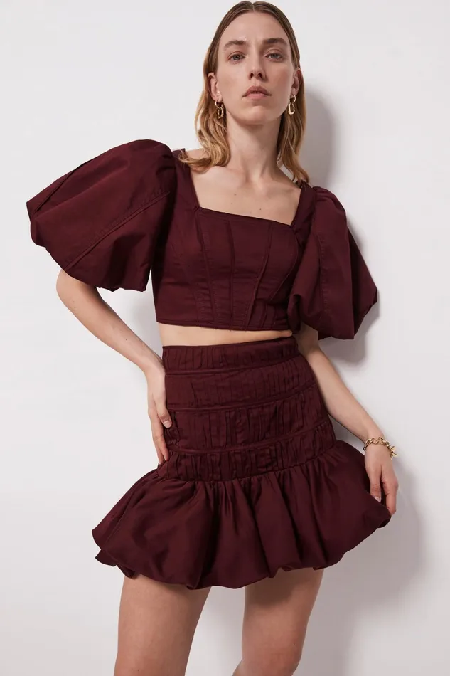 Aje La Vie Bubble Mini Skirt Chestnut Red Women Skirts