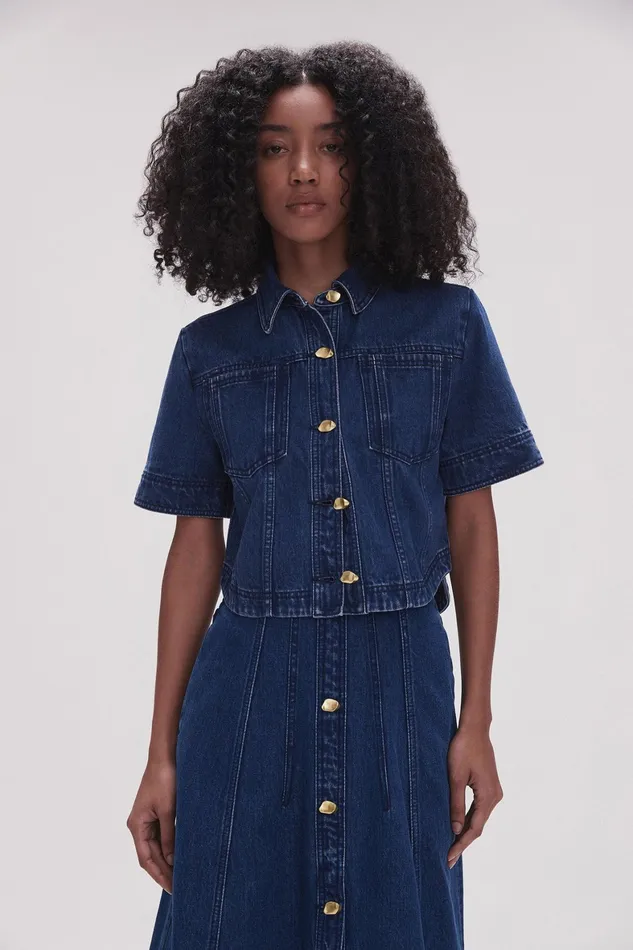 Aje May Denim Cropped Shirt Dark Indigo Women Tops
