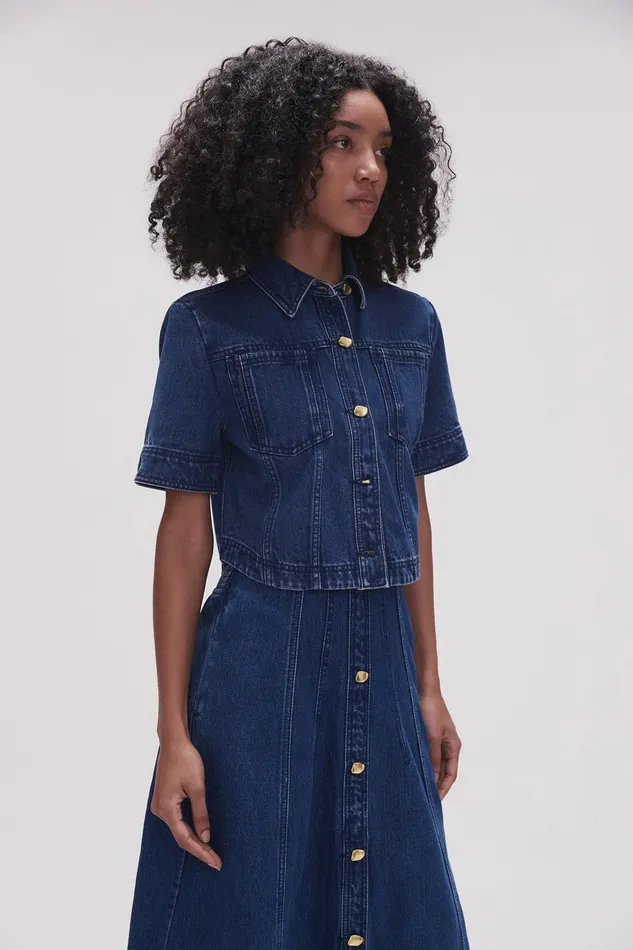 Aje May Denim Cropped Shirt Dark Indigo Women Tops