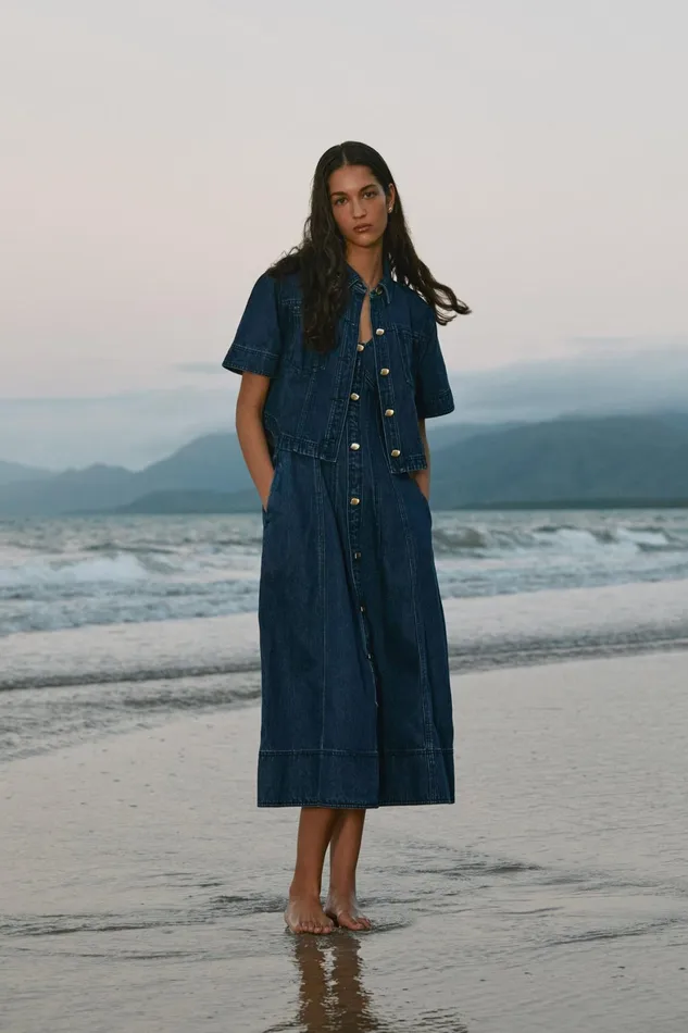 Aje May Denim Cropped Shirt Dark Indigo Women Tops