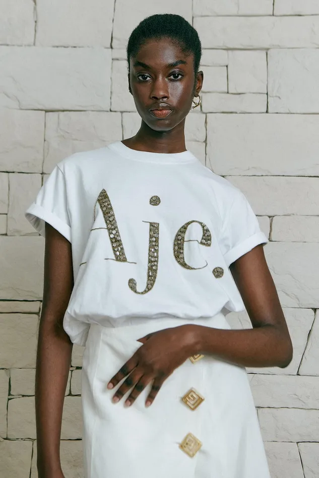 Aje Peggy Embellished Logo Tee Whiter Desert Khaki Women Tees