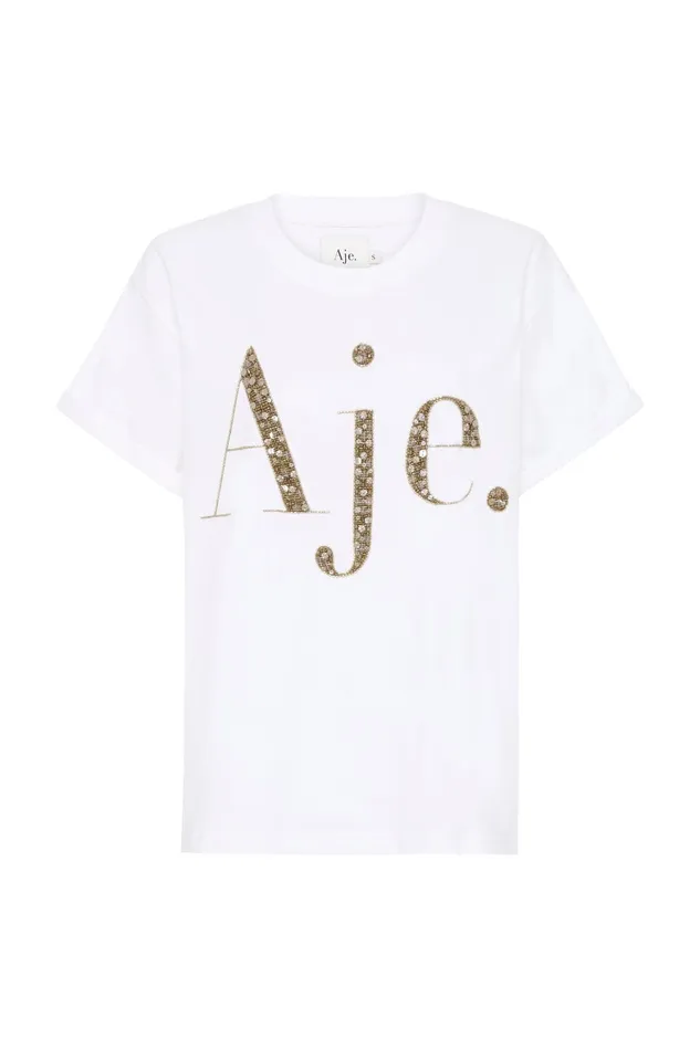 Aje Peggy Embellished Logo Tee Whiter Desert Khaki Women Tees