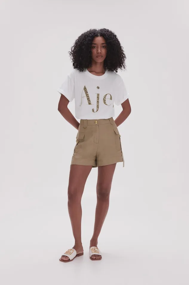 Aje Peggy Embellished Logo Tee Whiter Desert Khaki Women Tees