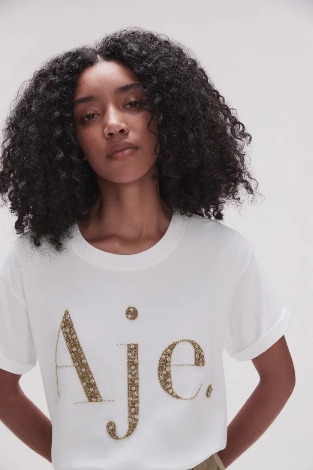 Aje Peggy Embellished Logo Tee Whiter Desert Khaki Women Tees