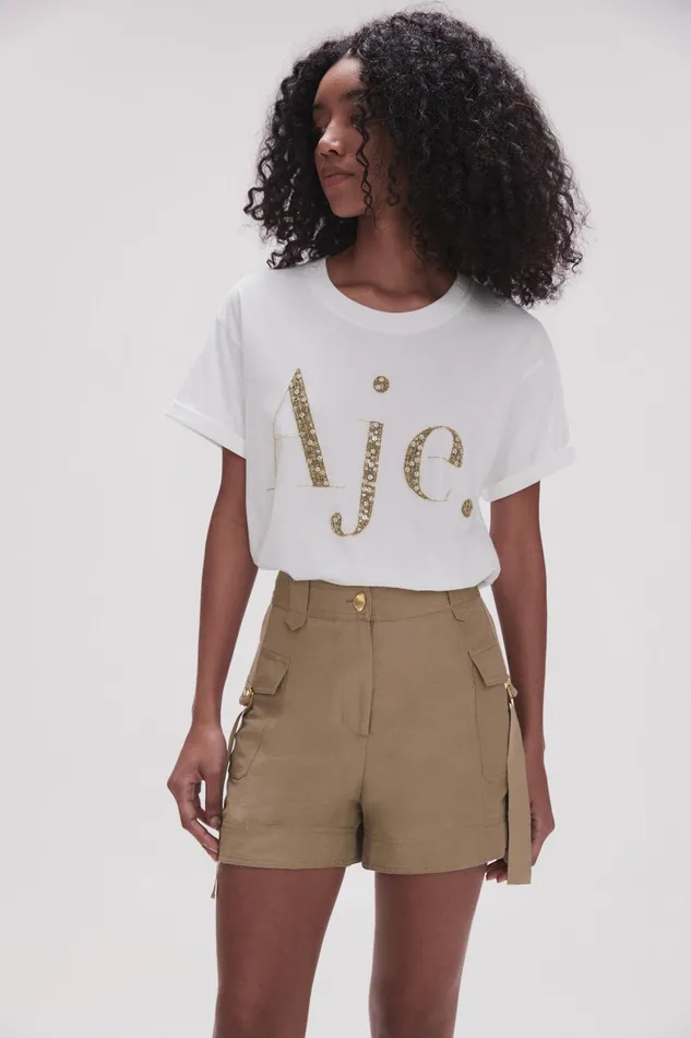 Aje Peggy Embellished Logo Tee Whiter Desert Khaki Women Tees
