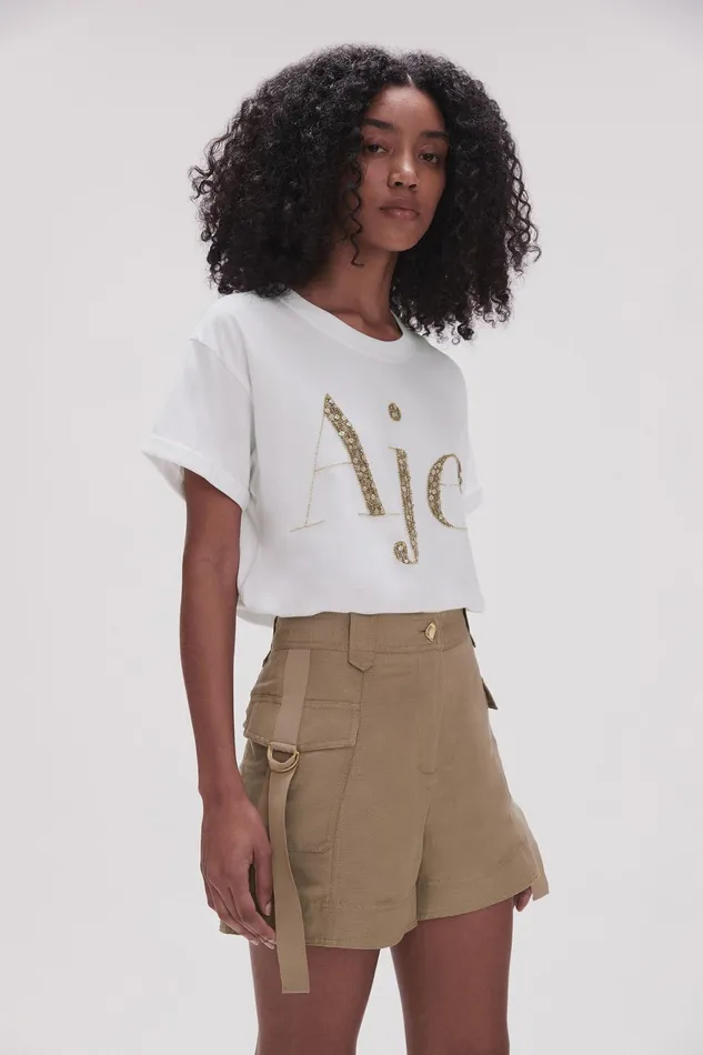 Aje Peggy Embellished Logo Tee Whiter Desert Khaki Women Tees
