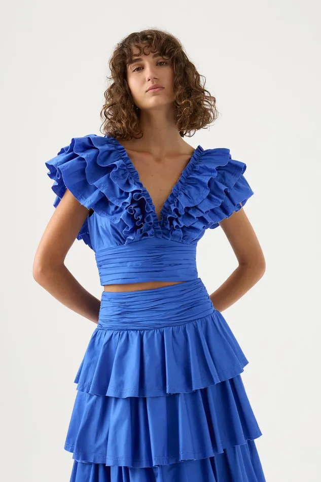 Aje Rhythmic Frill Bodice Marine Blue Women Tops