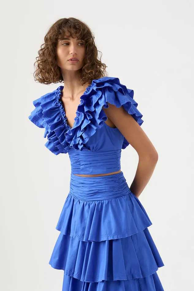 Aje Rhythmic Frill Bodice Marine Blue Women Tops