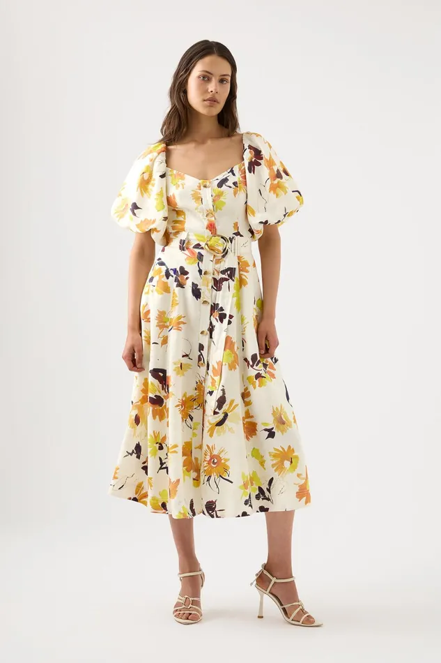 Aje Soleil Belted Midi Dress Pressed Sunflowers Women Dresses