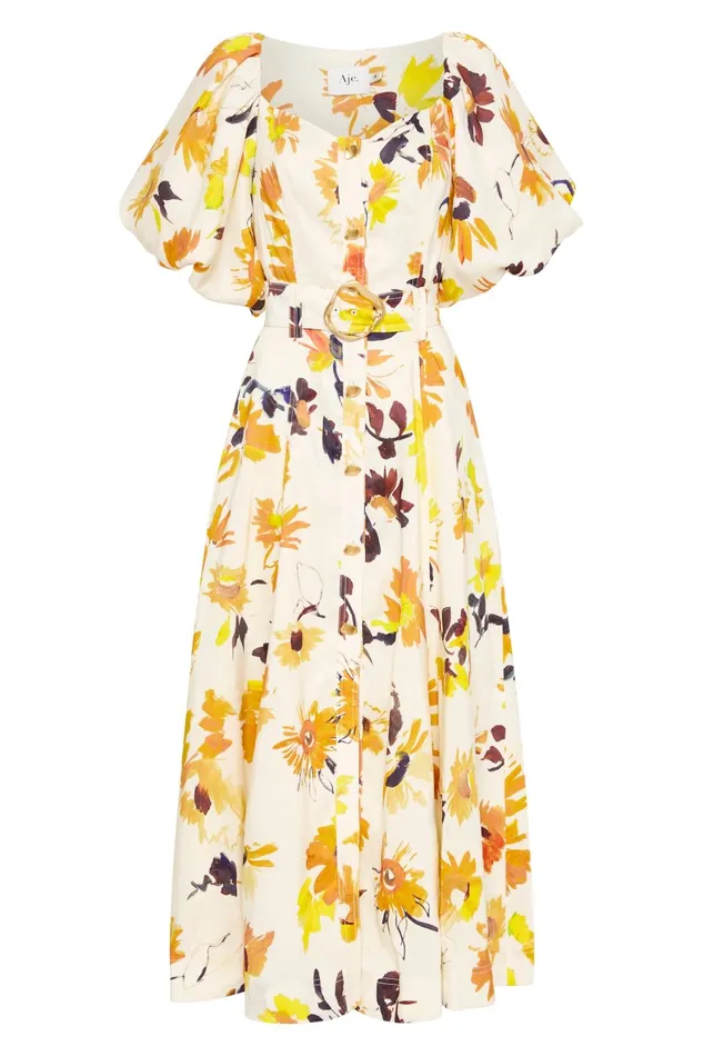 Aje Soleil Belted Midi Dress Pressed Sunflowers Women Dresses