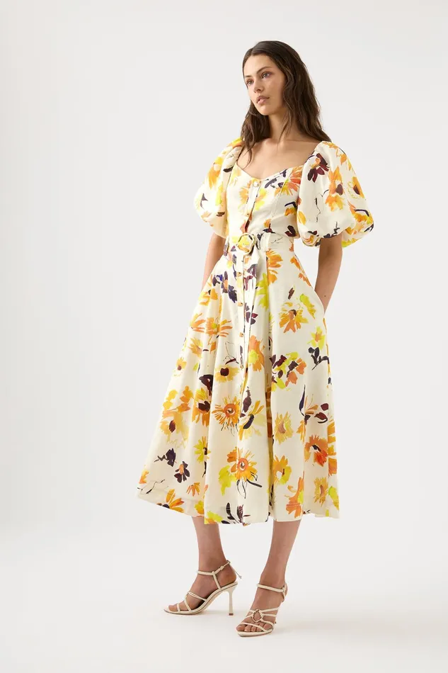 Aje Soleil Belted Midi Dress Pressed Sunflowers Women Dresses