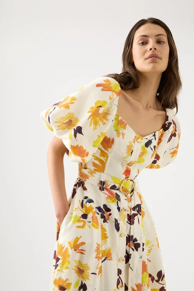 Aje Soleil Belted Midi Dress Pressed Sunflowers Women Dresses