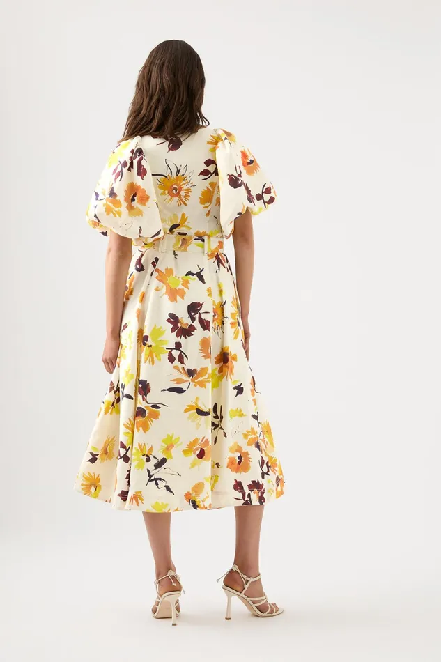 Aje Soleil Belted Midi Dress Pressed Sunflowers Women Dresses