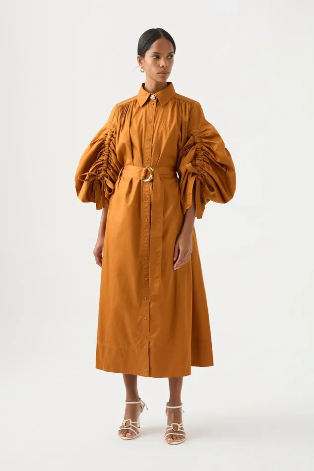 Aje Utopia Drawstring Midi Dress Chestnut Brown Women Dresses